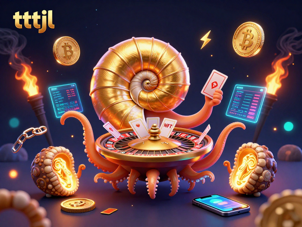 Spin the roulette wheel with tttjl's giant nautilus and glowing Bitcoin elements for immersive gaming.