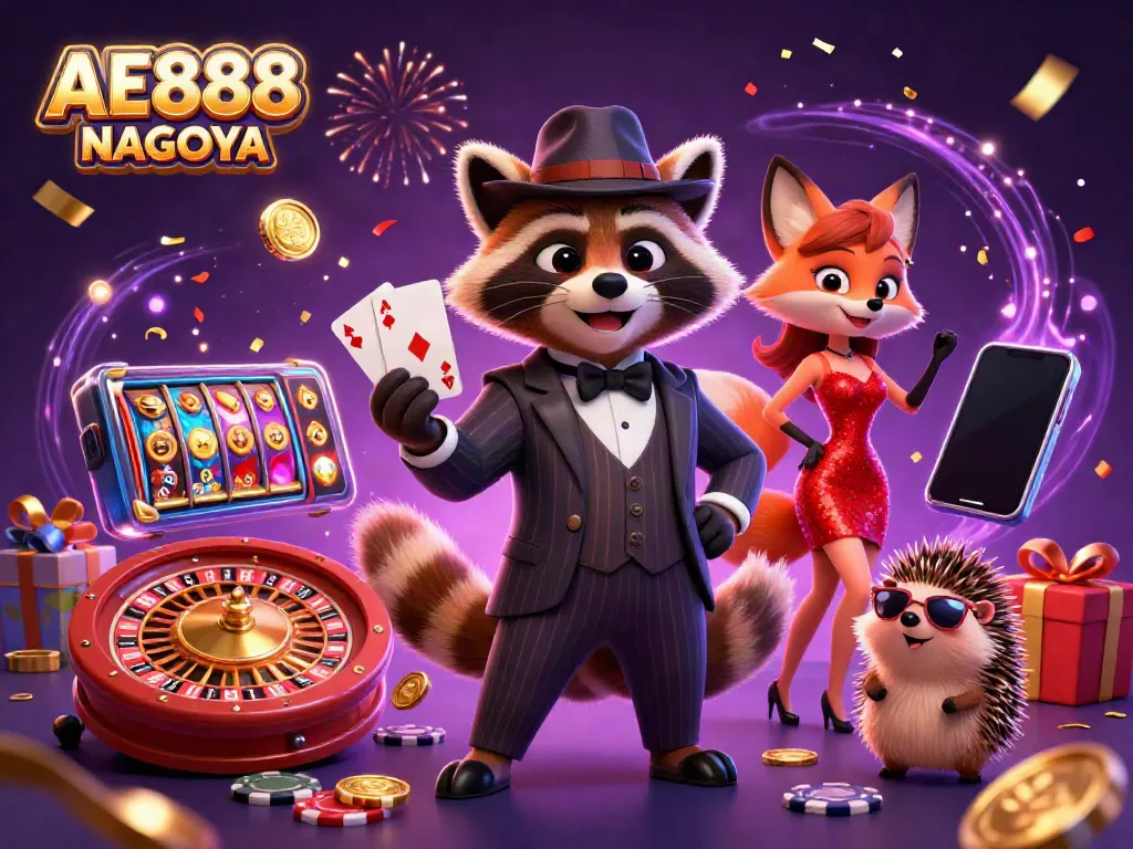 Play exciting games at AE888 NAGOYA with a charming raccoon, fox lady, and hedgehog surrounded by casino elements.
