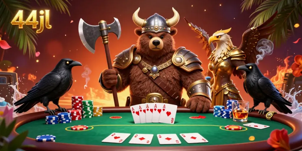 Experience the thrill of 44jl with a Viking bear and Valkyrie eagle in a vibrant poker scene.