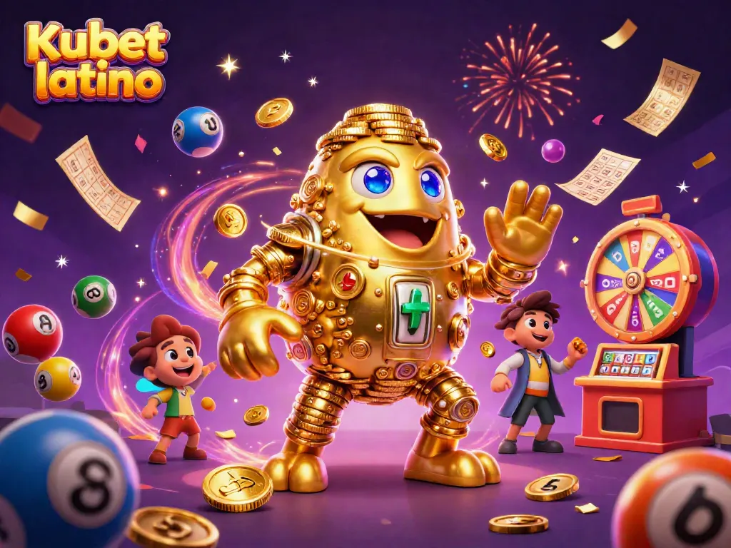 Join the excitement at Kubet latino with a vibrant 3D illustration of casino games and lottery elements.