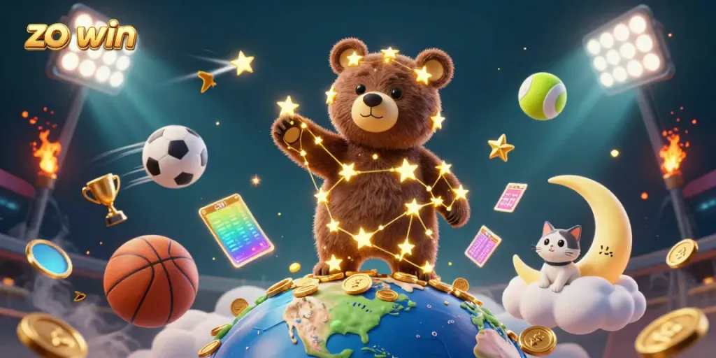 Experience the thrill of zo win in this vibrant casino-themed illustration with sparkling games and golden treasures.