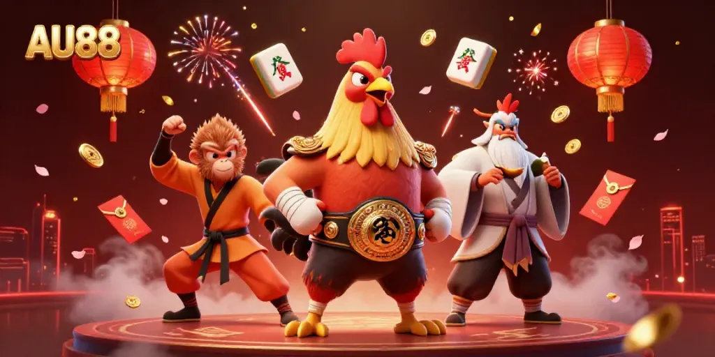 Experience thrilling gaming at AU88 with captivating illustrations featuring a Muay Thai rooster, monkey, and crane amidst intricate casino elements.