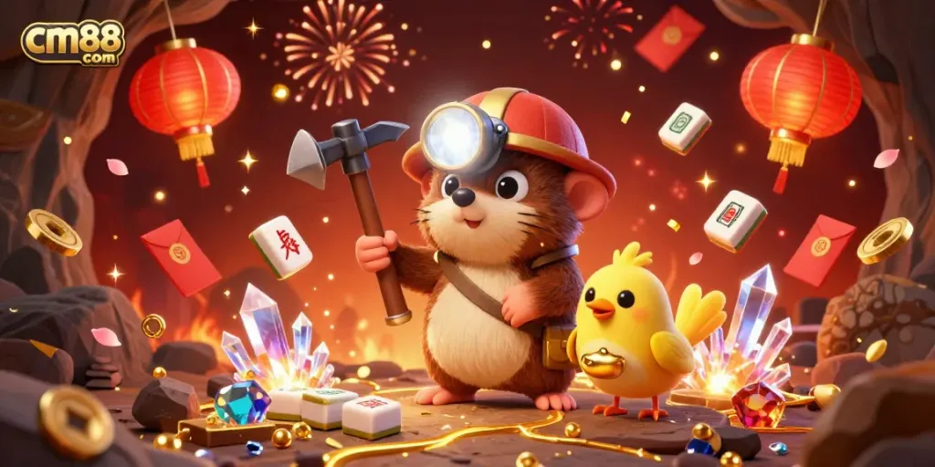 Exciting scene featuring the characters of cm88 com in a rich casino-themed celebration, highlighting treasures and festive elements.