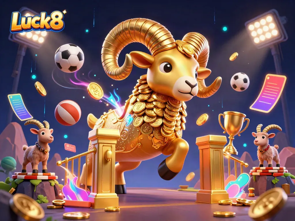 Experience the thrilling world of Luck8 with golden ram, sports elements, and vibrant casino energy.