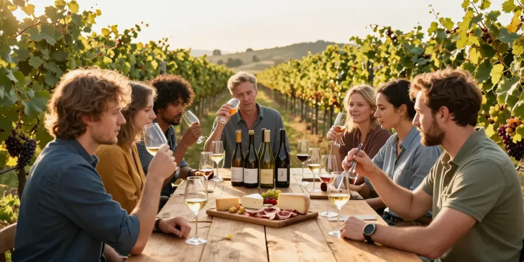 Group of winemakers at avpwinecollective.com tasting wines in a vineyard.