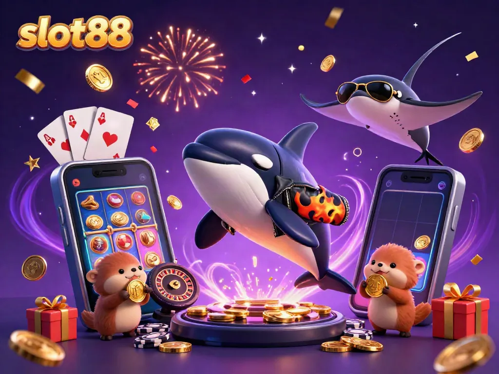 Experience slot88 excitement with a dynamic 3D orca, stingray, and sea otters celebrating wins.