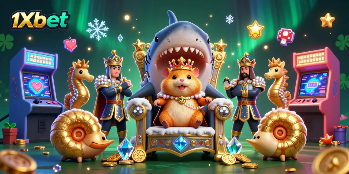 Experience the excitement of 1xbet with a vibrant 3D casino art featuring a hamster king and game elements.