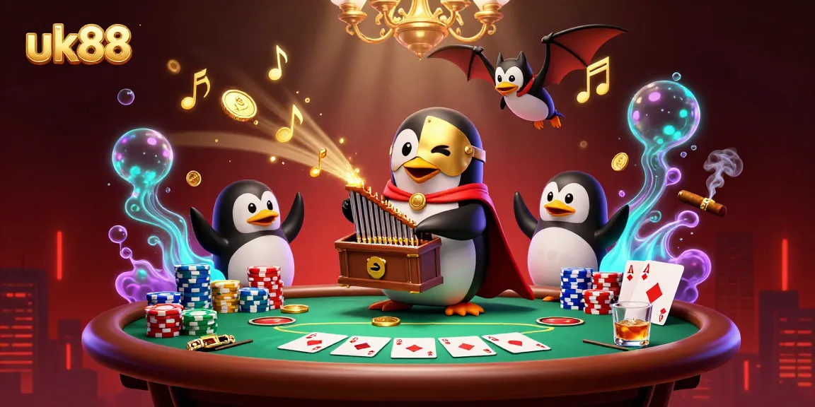 uk88 captures the excitement of casino gaming with a vibrant illustration of a penguin playing an organ