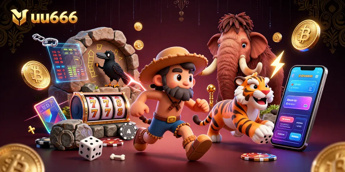 uu666 showcases a lively prehistoric casino scene with cartoon characters playing, featuring vibrant slot reels and crypto elements.