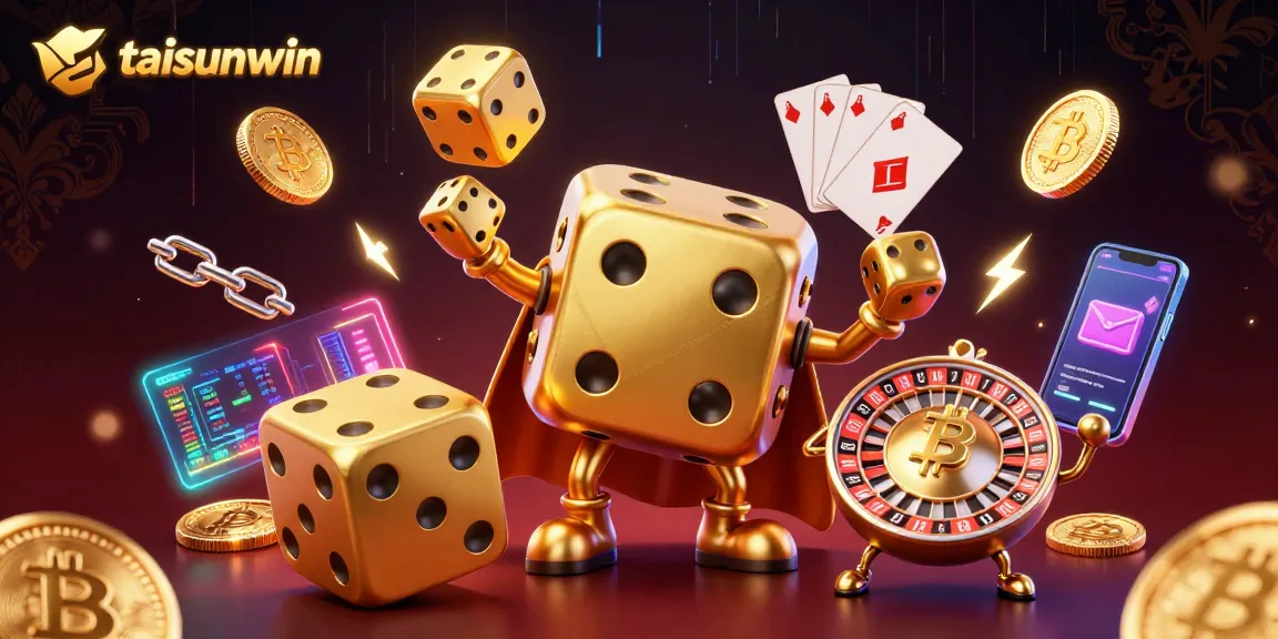 Engage with taisunwin, showcasing golden dice golem and vibrant crypto elements in a lively casino scene.