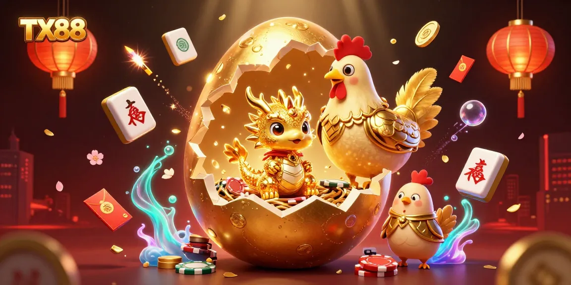 Experience the excitement of TX88 with a golden dragon surrounded by vibrant casino elements.