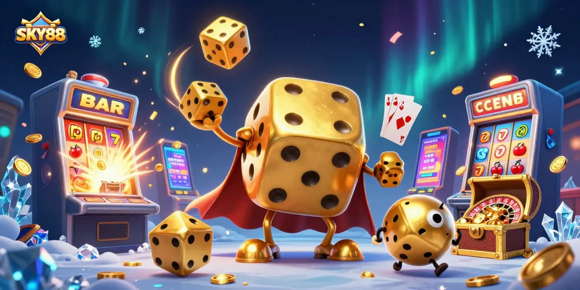 Sky88 celebrates winning moments with dynamic casino visuals featuring golden dice and slot machines.