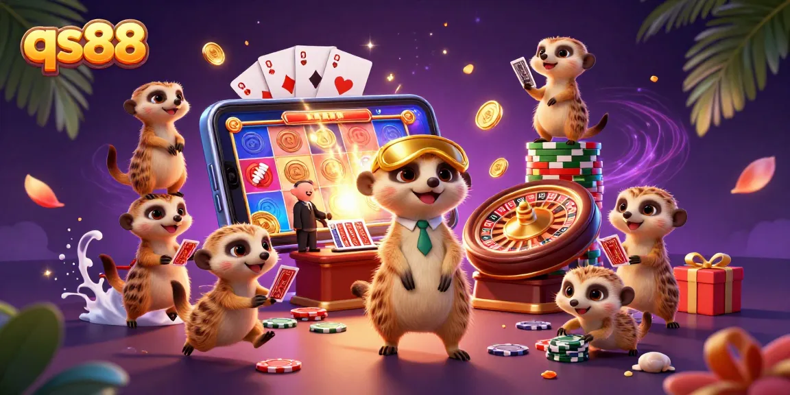 Win exciting rewards at qs88 casino with a dynamic meerkat-themed illustration showcasing gaming action.