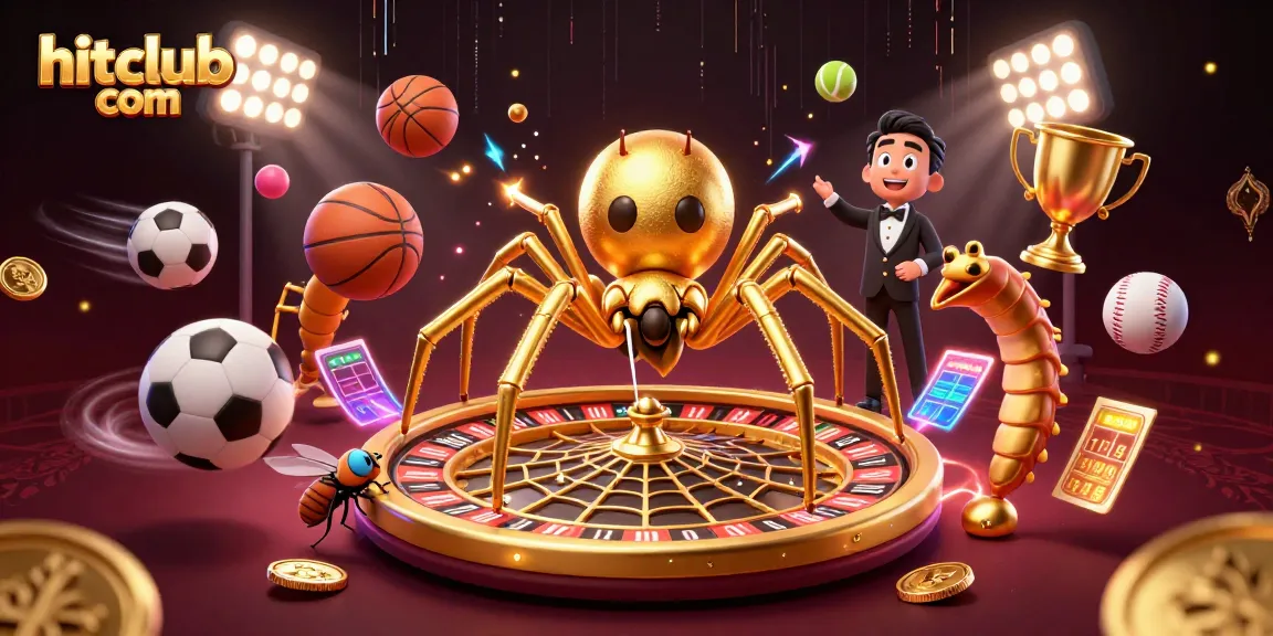 Engage in betting action with hitclub com while a golden spider weaves a roulette web amidst dynamic sports elements.