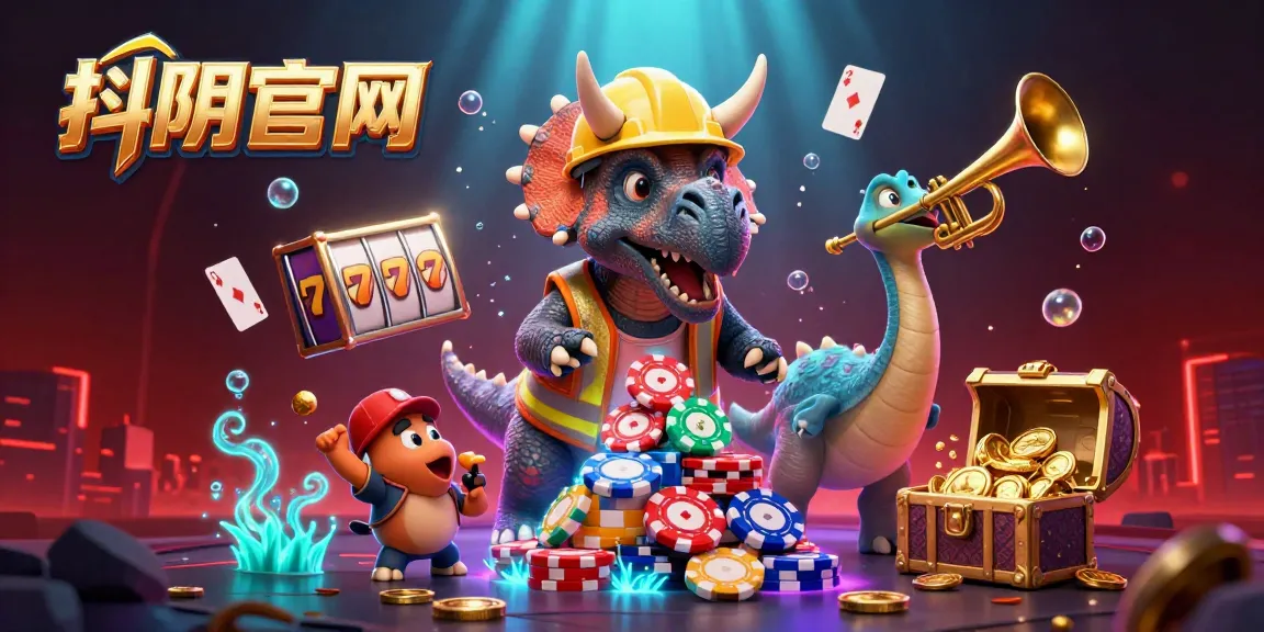 Experience exciting gaming action at 抖阴官网 with a vibrant 3D scene featuring a triceratops building poker chip pyramids.