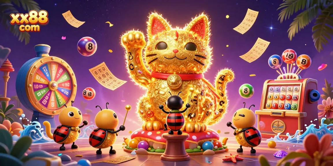 Engage with xx88 com through a vibrant casino scene featuring a lucky cat and animated lottery elements.