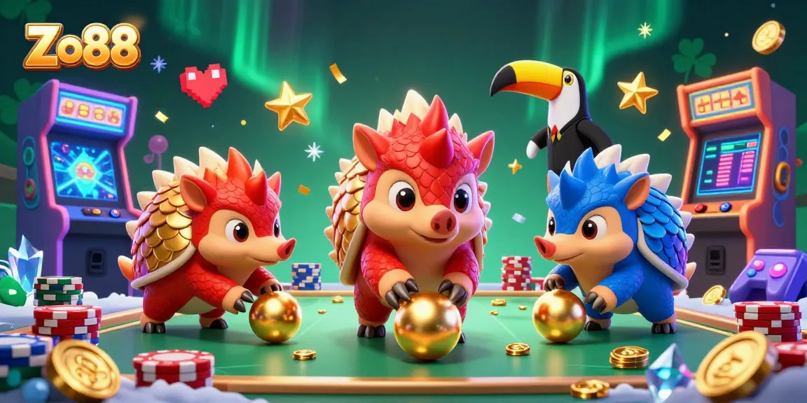 Engage in thrilling gameplay with Zo88 while pangolins face off in an energetic casino scene.
