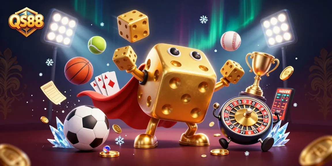 Experience the thrilling world of QS88 gambling with dynamic sports elements and golden dice in a vibrant 3D illustration.