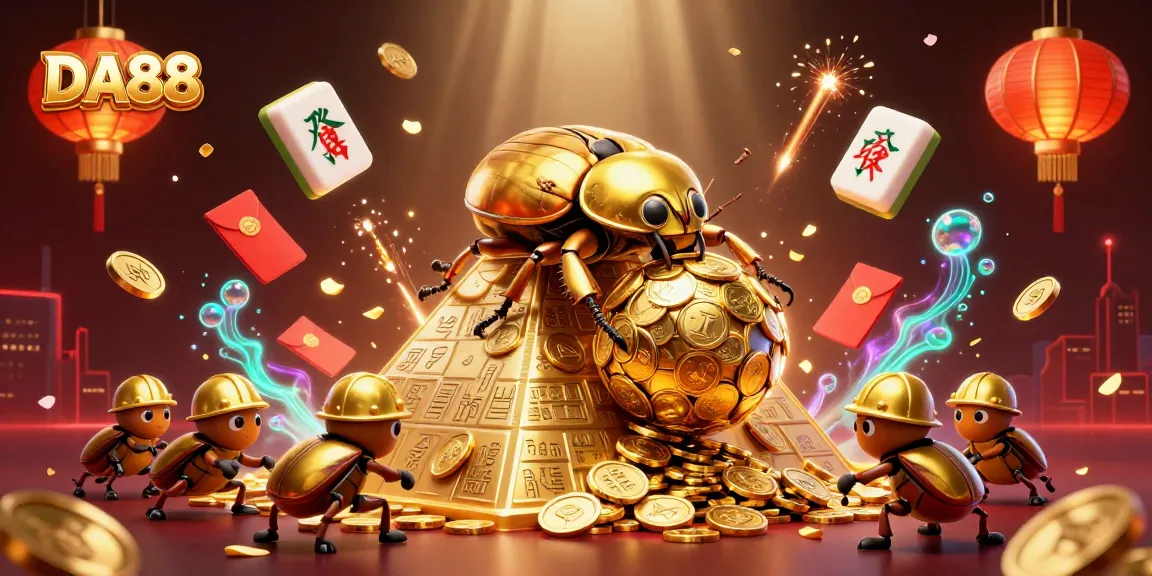 DA88 image showcasing golden beetle rolling coins in a vibrant casino-themed scene.