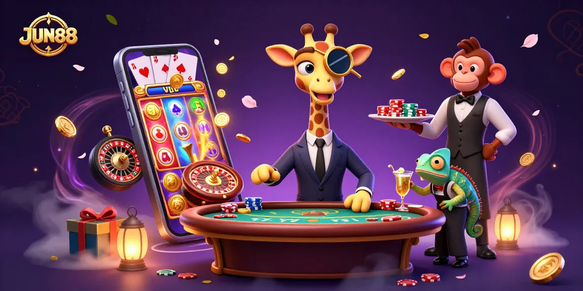 Experience thrilling gaming at JUN88 with a vibrant casino scene featuring exciting characters and engaging game elements.