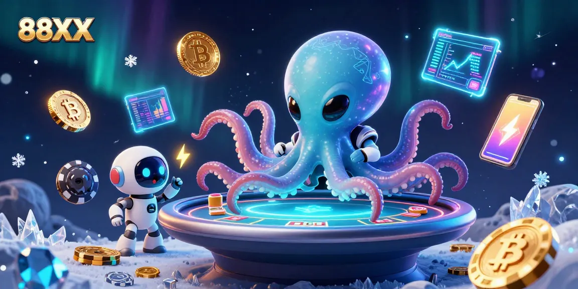 Play with 88XX at the holographic poker table as an alien octopus and robot delight in cosmic gaming!