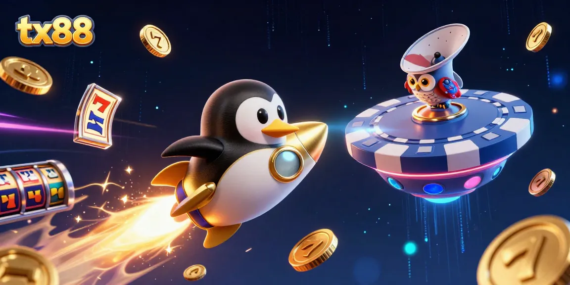 Engage with tx88 as the golden penguin blasts past slot reels and jackpots in a cosmic casino adventure.