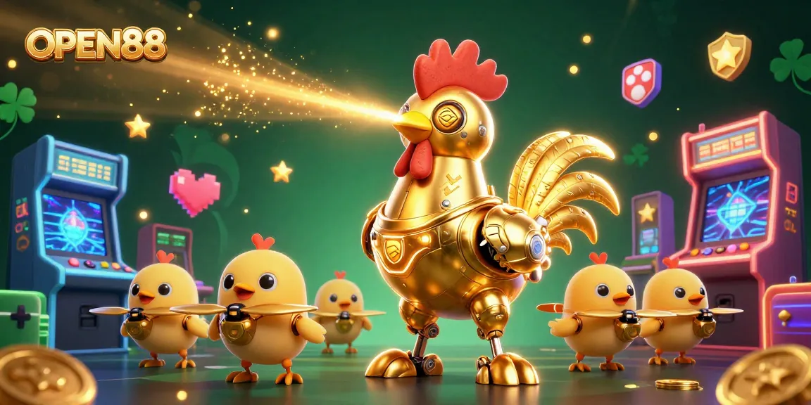 Engage with OPEN88's dynamic online gaming universe, featuring a golden rooster robot amidst colorful arcade elements.