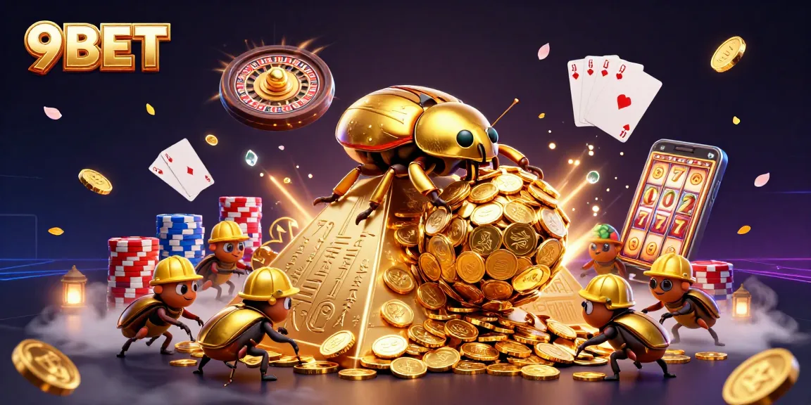 Experience the rich gaming world of 9BET with golden beetles and sparkling casino elements.