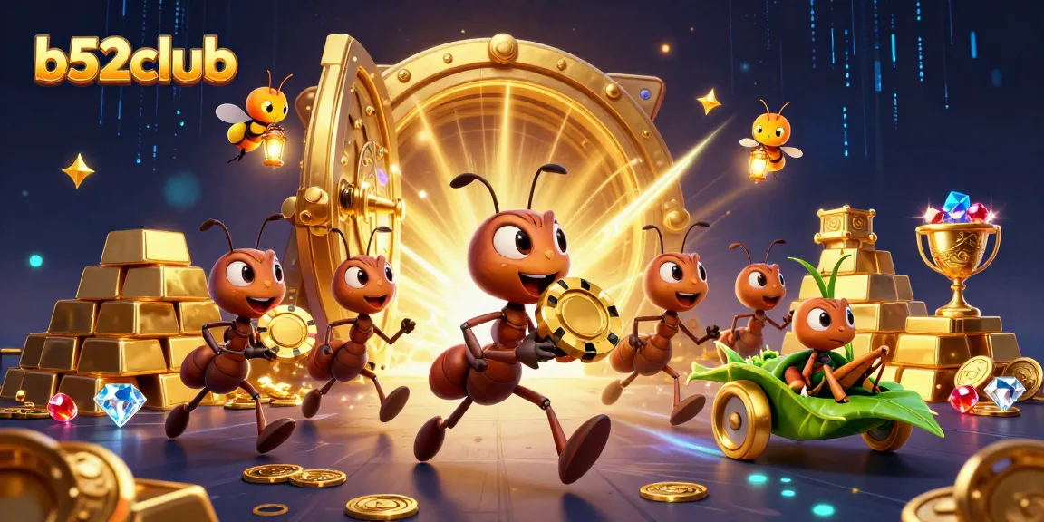 B52club ants heist scene with a giant poker chip leading to treasure vaults and glowing gems scattered.