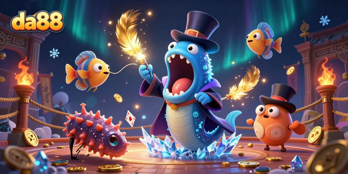 da88 showcasing a vibrant cartoon scene with gambling elements and unique characters