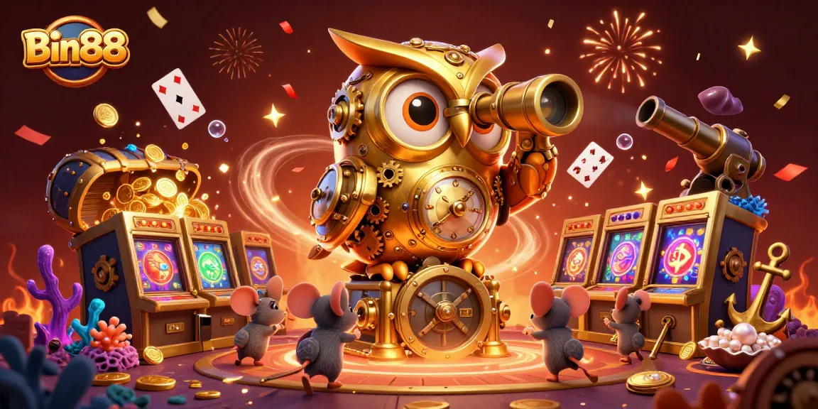 Experience the excitement of Bin88 with a 3D rendering of a golden owl and dynamic casino elements at play.