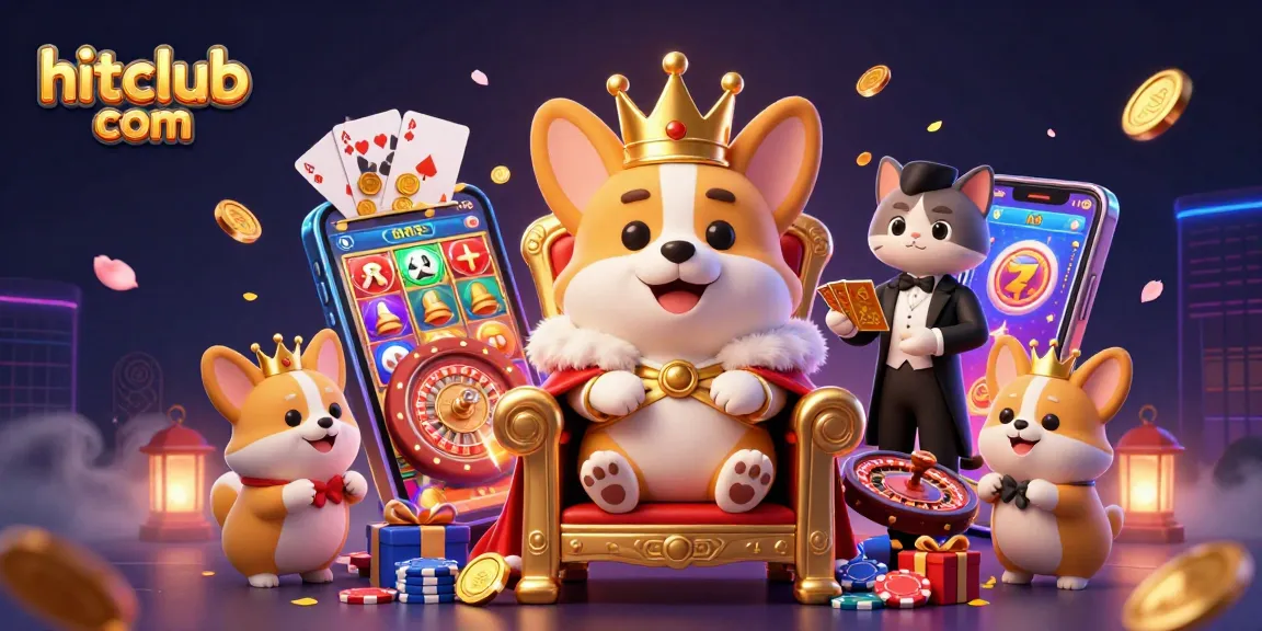 Experience excitement at hitclub com as corgi royalty reigns over a vibrant casino scene full of games and treasure.