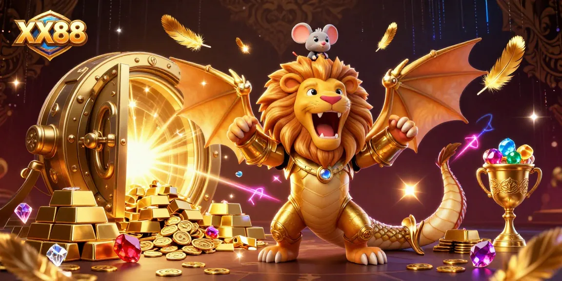 Experience gaming excitement at XX88 with a chimera in gold amidst treasures and dynamic casino elements.