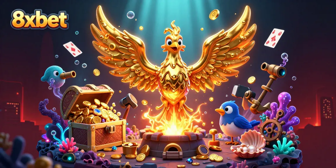 Experience the thrill of 8xbet with a golden phoenix emerging, surrounded by treasures and dynamic gaming elements.