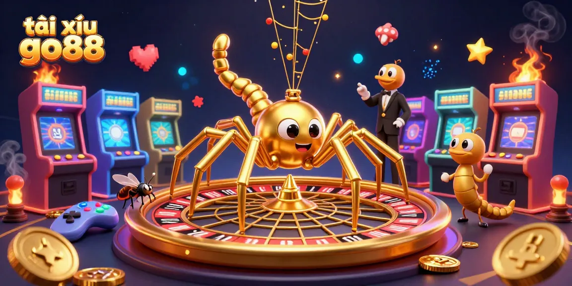Tense fly places bets at tài xỉu go88 roulette web spun by a golden spider, with colorful gaming elements.