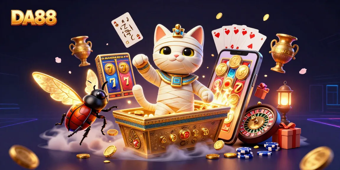 Experience the thrill of DA88 slots with an Egyptian mummy cat in a vibrant casino