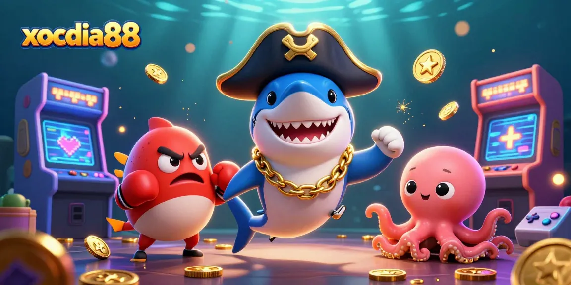 Xocdia88 showcases a vibrant casino scene with a cartoon pirate shark, a boxing pufferfish, and an octopus holding coins.