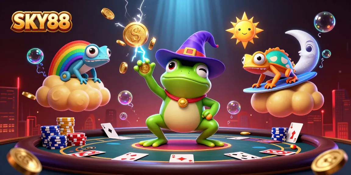 Engage with SKY88 as a whimsical casino scene unfolds with vibrant elements of poker and luck.