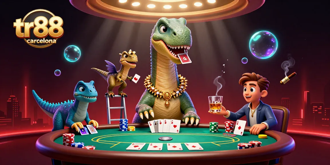 Experience the thrill of gaming at tr88 barcelona with vibrant poker action, brontosaurus dealer, and dynamic chips.