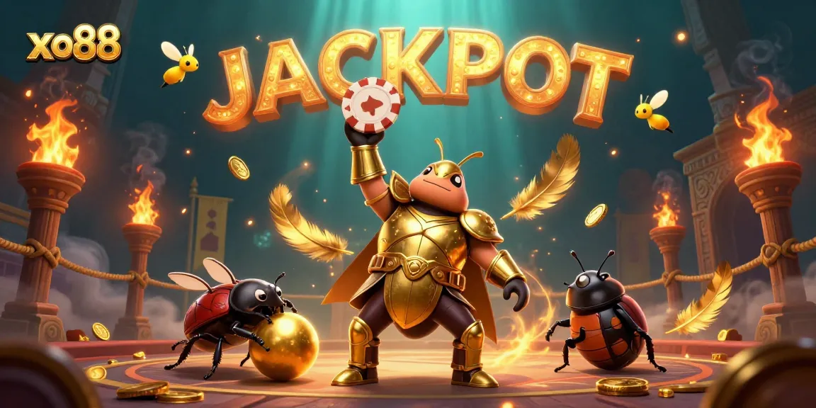 Experience the excitement of xo88 with a victorious beetle lifting a poker chip in a dynamic casino scene.