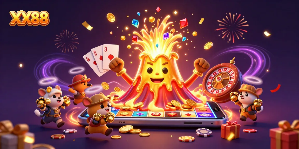 Engage in thrilling winnings at XX88 with an illustration of a golden volcano erupting treasures.