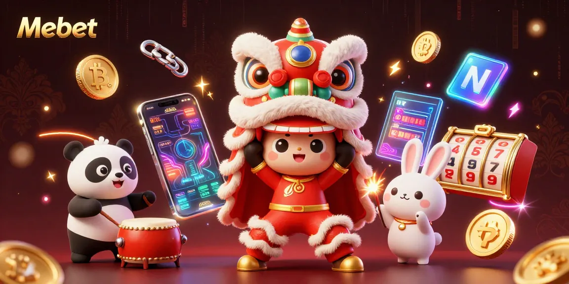 Mebet features a lively casino scene with a lion dance, drumming panda, and dynamic game elements.