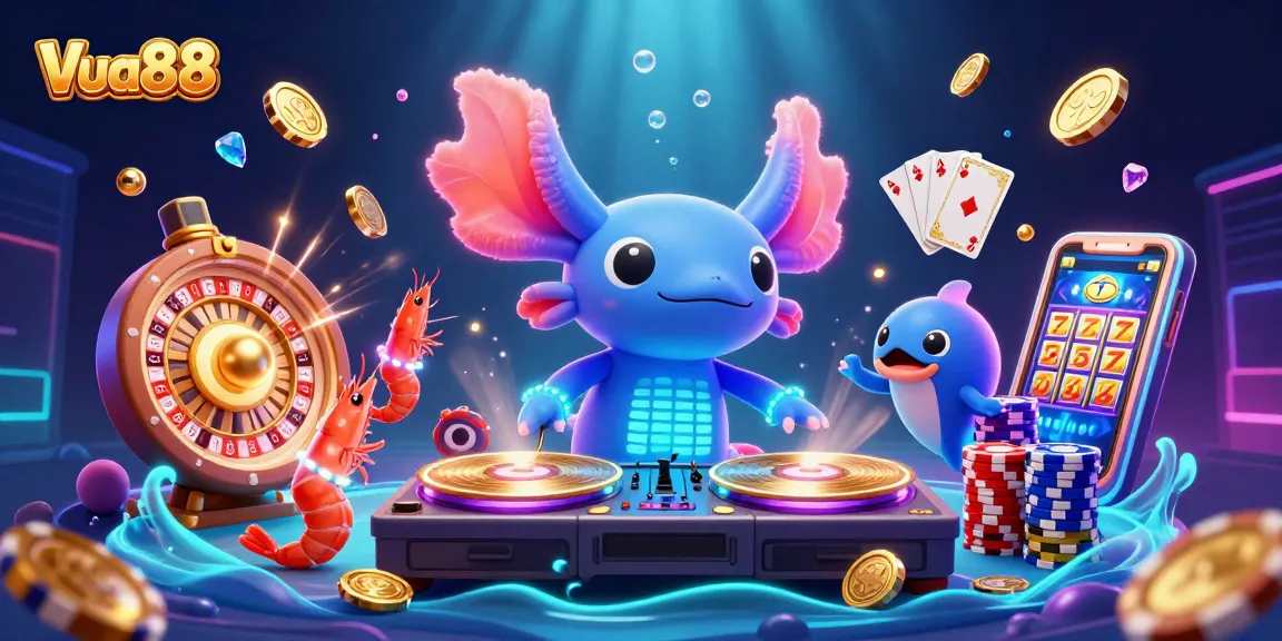 Experience Vua88's vibrant gaming scene with a neon axolotl DJ and dazzling casino elements.