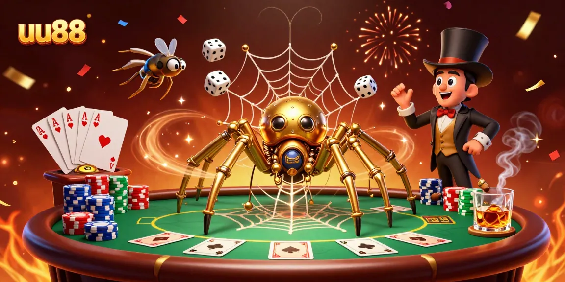 Experience gambling excitement with uu88 amidst a vibrant casino scene filled with golden web details.