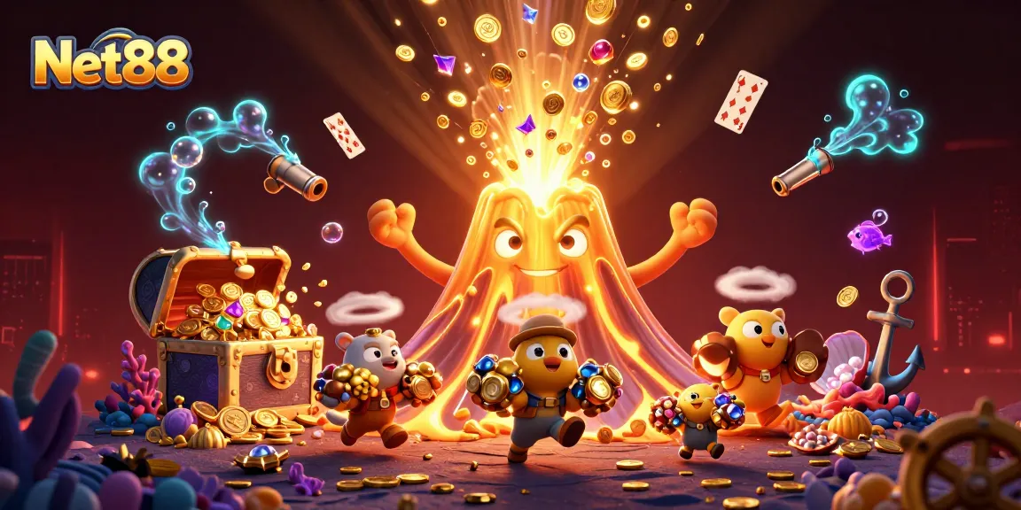 Experience the excitement of Net88 with a triumphant volcano showering treasures in a vibrant casino scene.
