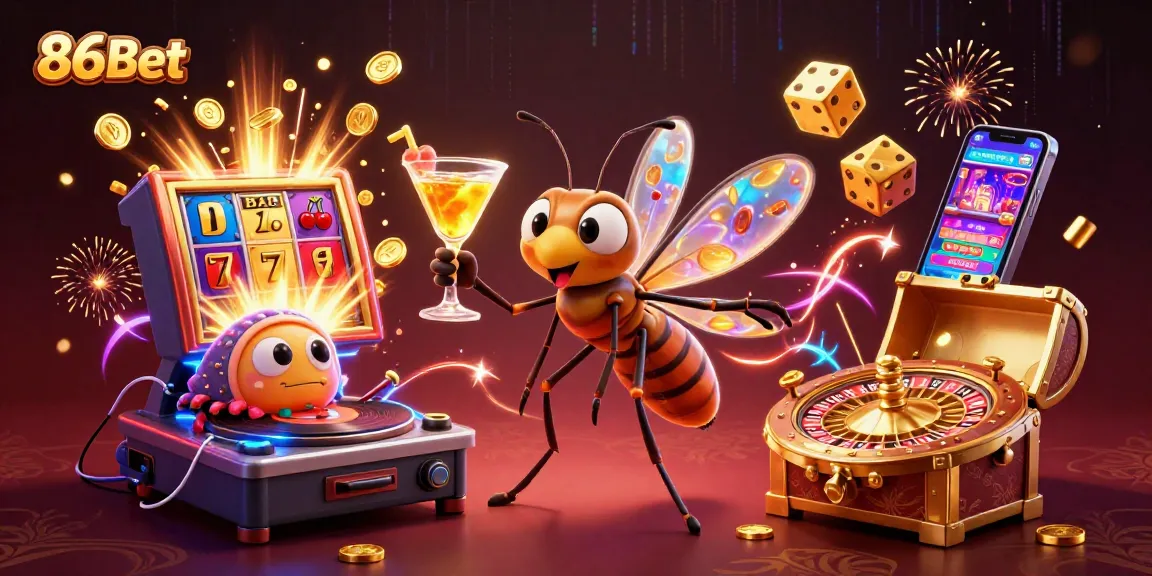 Spin to win with 86Bet at a lively casino featuring a vibrant cocktail and fun characters.