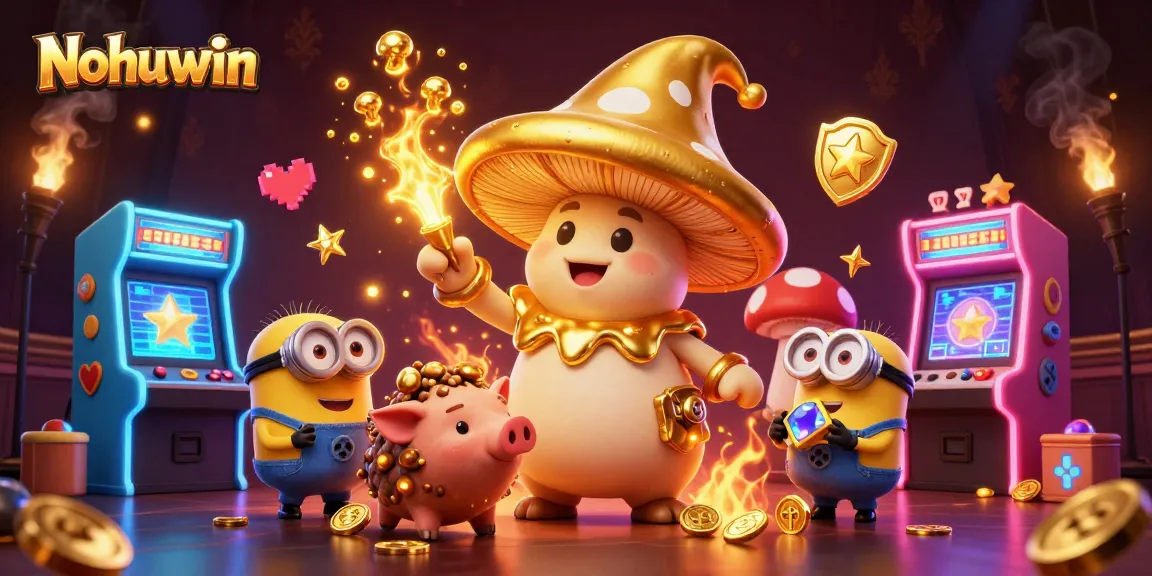 Experience Nohuwin in a vibrant casino scene with golden magic and vibrant game elements.