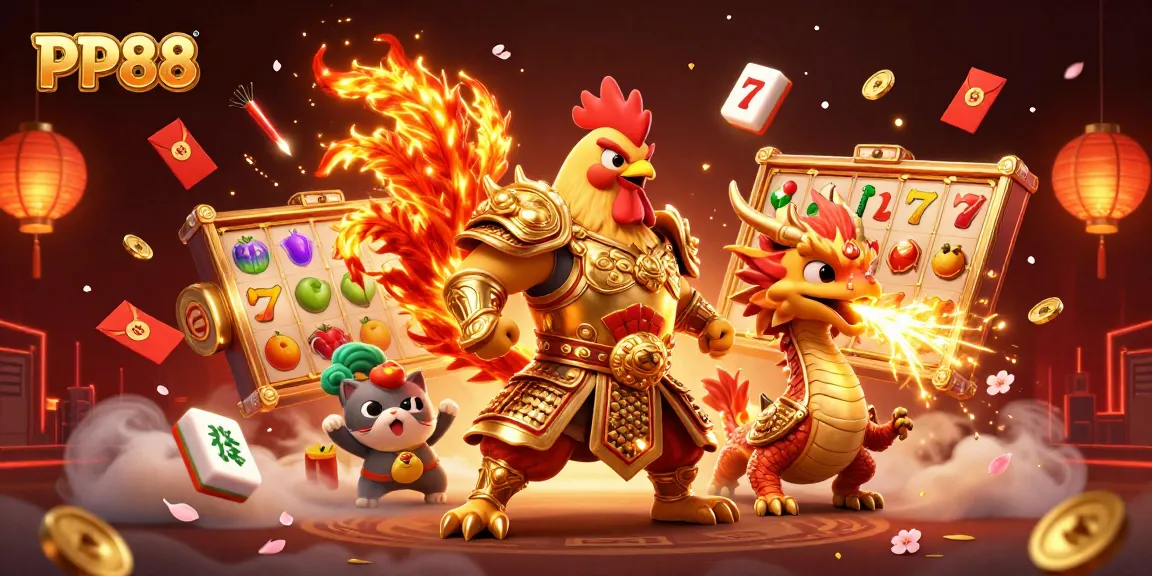 PP88 game illustration featuring a rooster warrior, dragon hatchling, and symbols of luck.
