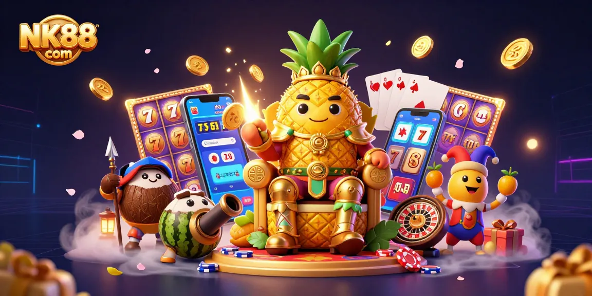 Experience the excitement of NK88 com with golden coins and dynamic slot games in a vibrant beach casino scene.