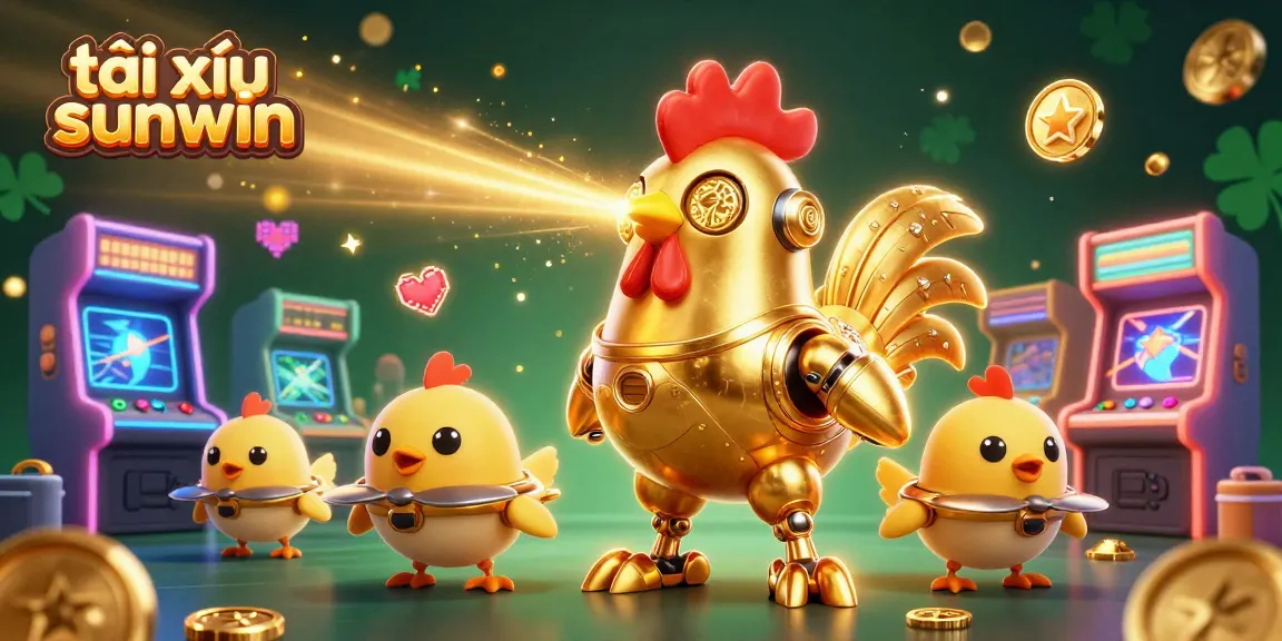 Tài xỉu sunwin showcases a vibrant 3D illustration with golden robots and arcade game elements, capturing the essence of gaming excitement.